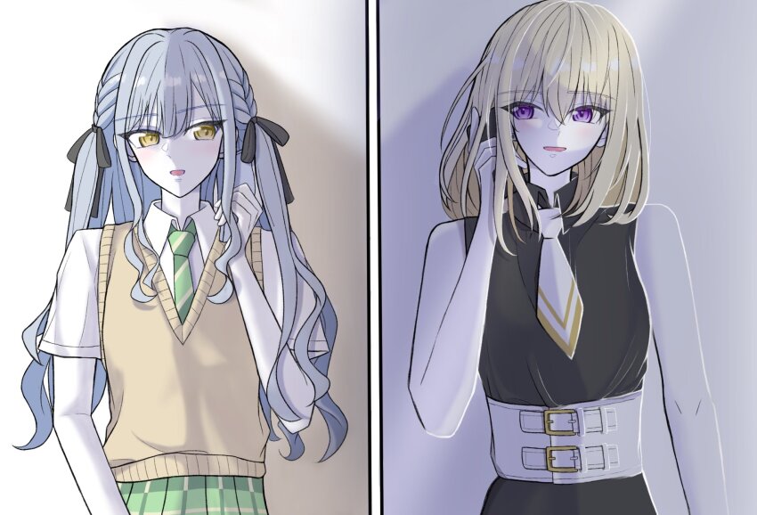 2girls bang_dream! bang_dream!_it&#039;s_mygo!!!!! black_dress black_ribbon blonde_hair braid brown_sweater_vest commentary_request corset diagonal-striped_clothes diagonal-striped_necktie dress green_necktie green_skirt hair_between_eyes hair_ribbon haneoka_school_uniform highres long_hair medium_hair misumi_uika momokan_1209 multiple_girls necktie open_mouth plaid_clothes plaid_skirt pleated_skirt purple_eyes ribbon school_uniform shirt short_sleeves sidelocks skirt sleeveless sleeveless_dress striped_clothes sweater_vest talking_on_phone togawa_sakiko white_corset white_necktie white_shirt yellow_eyes