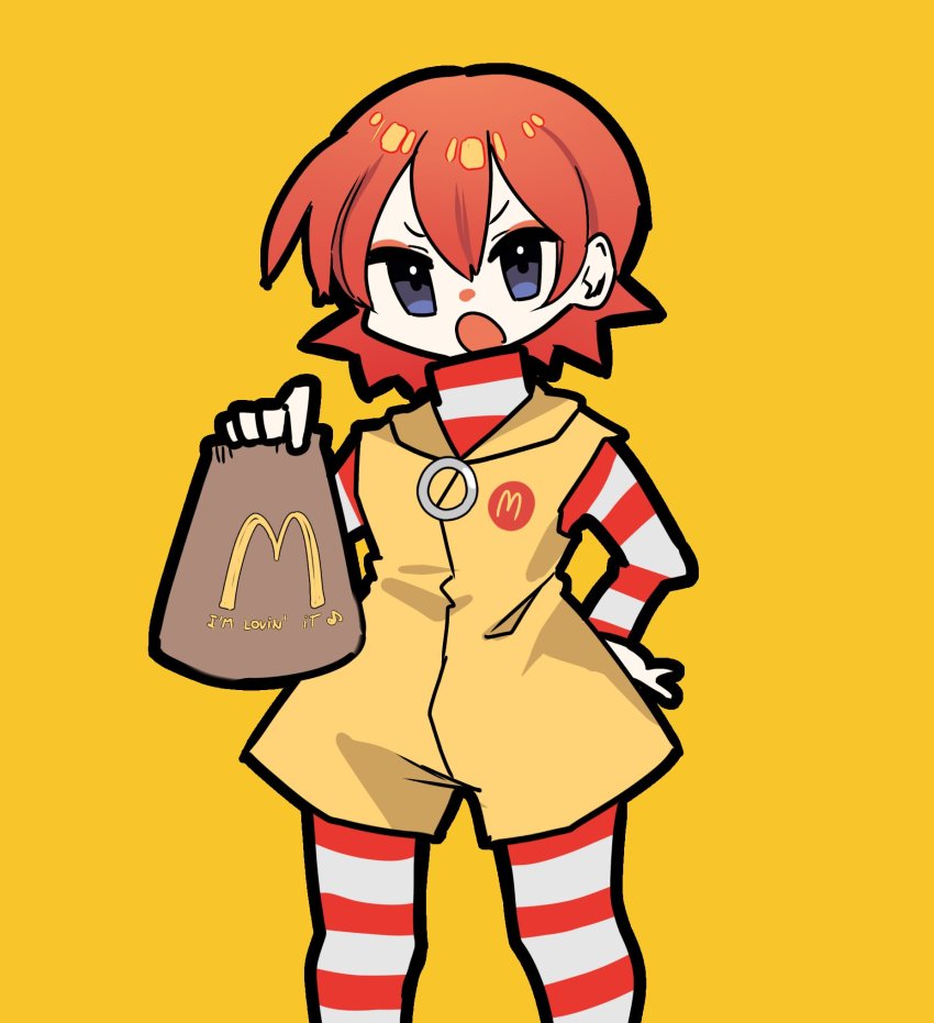 100_percent_orange_juice 1girl anzu_(anzuhan) bag clown hand_on_own_hip highres looking_at_viewer mcdonald&#039;s nanako_(orange_juice) open_mouth pantyhose red_hair romper ronald_mcdonald striped_clothes striped_pantyhose striped_sleeves suguri yellow_background yellow_romper