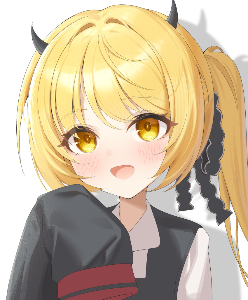 1girl absurdres black_horns black_vest blonde_hair blue_archive commentary demon_girl demon_horns highres horns ibuki_(blue_archive) jei_(user_tckk7448) looking_at_viewer open_mouth shirt simple_background sleeveless_vest sleeves_past_fingers sleeves_past_wrists solo upper_body vest white_background white_shirt yellow_eyes