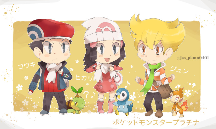 1girl 2boys bag barry_(pokemon) blonde_hair blue_eyes blue_hair blush chibi chimchar colored_sclera dawn_(pokemon) gen_4_pokemon hair_ornament hairclip hat highres lucas_(pokemon) multiple_boys nintendo open_mouth orange_eyes piplup pokemon pokemon_dppt pokemon_platinum scarf smile standing turtwig yellow_sclera