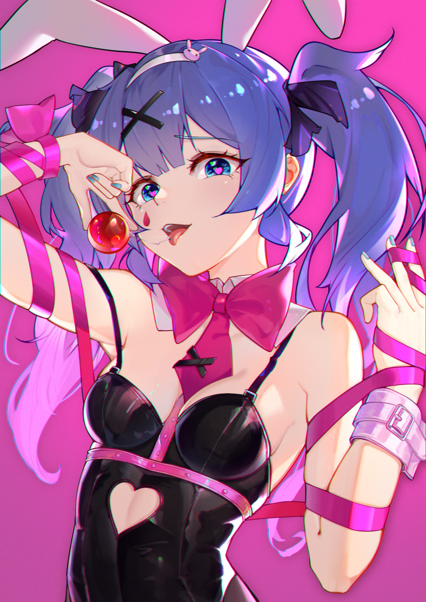 1girl absurdres alternate_costume animal_ear_hairband animal_ears aqua_nails arm_up belt_buckle between_breasts black_leotard blue_eyes blue_hair blunt_bangs bow bowtie breasts breasts_apart buckle chest_harness clothing_cutout collar commentary_request cutout_above_navel detached_collar fake_animal_ears hair_ornament hairband hairclip hand_up harness hatsune_miku heart heart-shaped_pupils highres impossible_clothes leotard long_hair looking_at_viewer medium_breasts necktie pink_background pink_bow pink_bowtie pink_necktie pink_ribbon playboy_bunny rabbit_ear_hairband rabbit_ears rabbit_hole_(vocaloid) ribbon saliva saliva_trail sidelocks simple_background solo stomach_cutout symbol-shaped_pupils teardrop_facial_mark teeth tongue tongue_out twintails upper_body upper_teeth_only vocaloid white_collar wrist_cuffs zuiai_gongzhu_dianxia