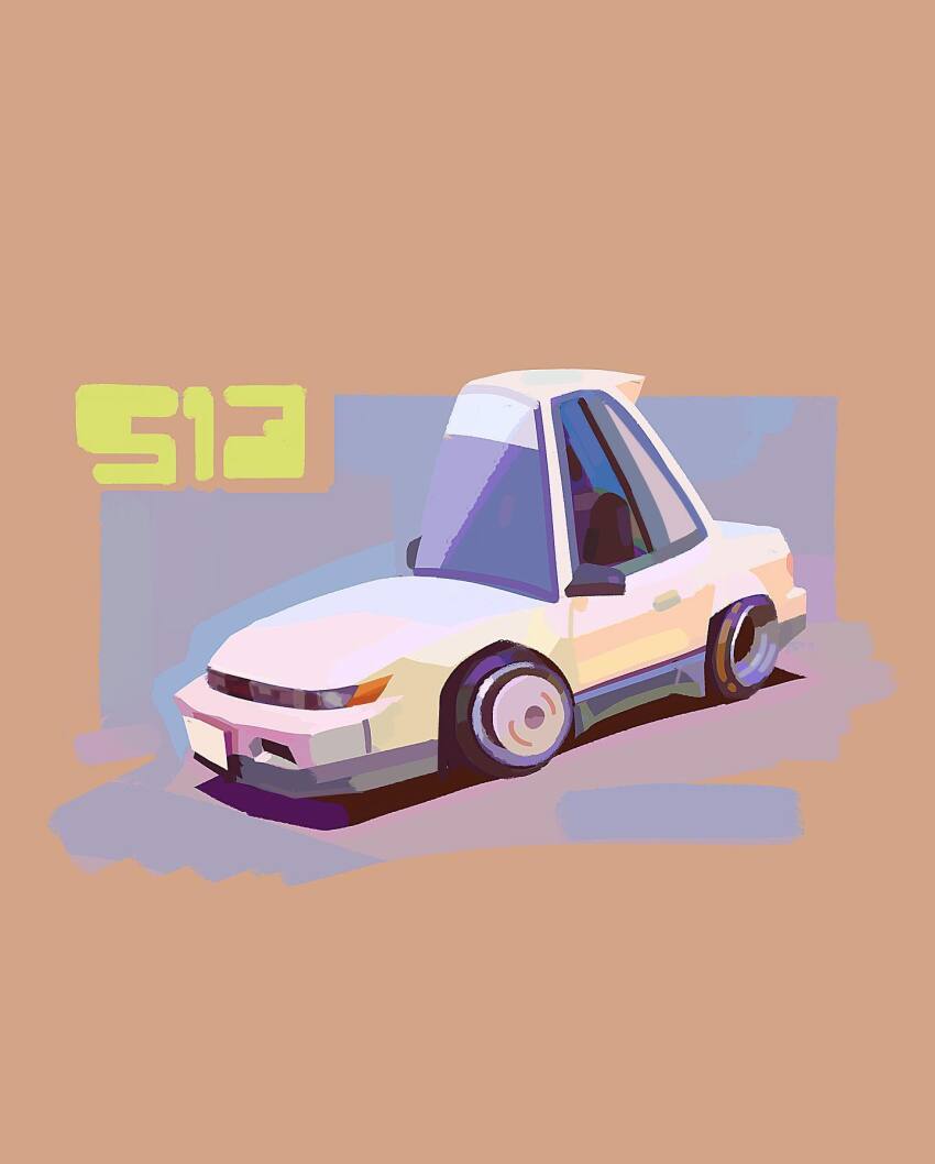 car chibi commentary english_commentary highres motor_vehicle nissan nissan_silvia nissan_silvia_s13 no_humans original shadow spec_(nick) sports_car vehicle_focus vehicle_name white_car