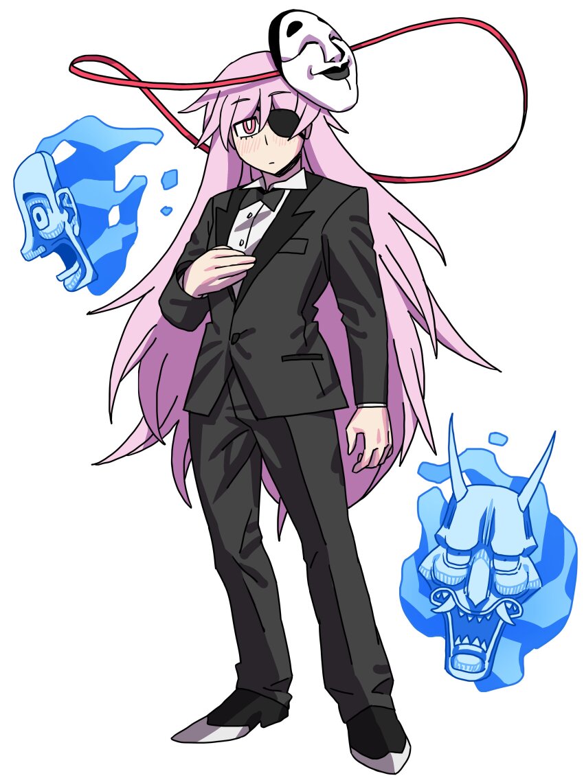 1girl absurdres alternate_costume black_footwear black_pants closed_mouth commentary commission cosplay eddybird55555 eyepatch formal_clothes full_body hata_no_kokoro highres long_hair long_sleeves looking_at_viewer majima_goro majima_goro_(cosplay) mask noh_mask pants pink_eyes pink_hair simple_background solo standing touhou white_background