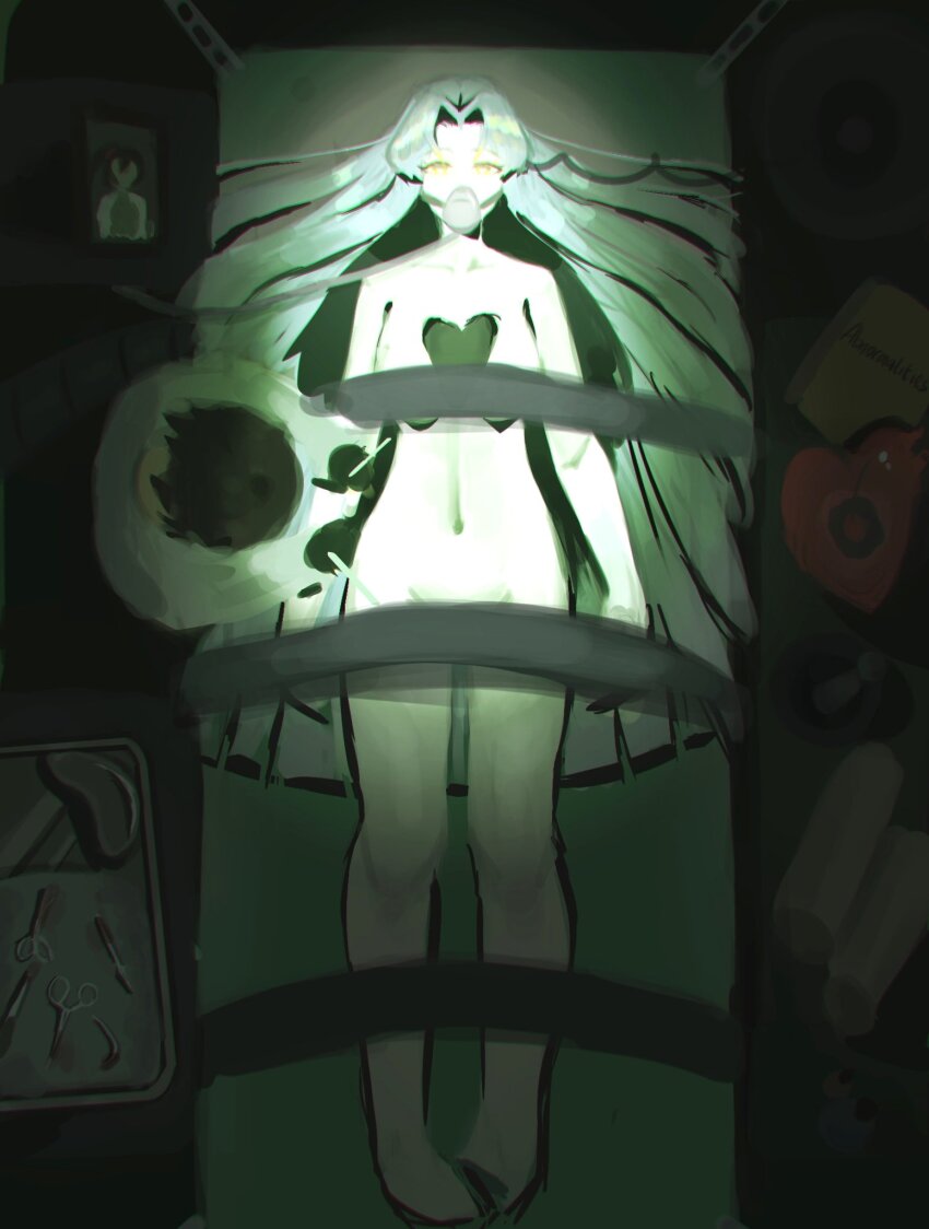 1girl 1other angela_(project_moon) ayin_(project_moon) blue_hair breasts carmen_(project_moon) commentary completely_nude doctor english_commentary from_above hair_intakes hair_spread_out heart_of_aspiration highres indoors large_breasts lobotomy_corporation long_hair lying machi_002 mask navel nude on_back project_moon respirator solo yellow_eyes