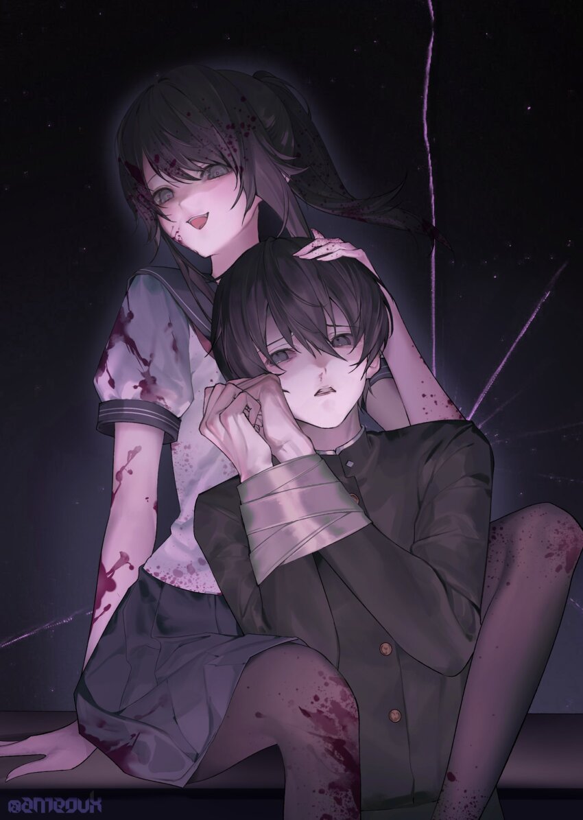 1boy 1girl ame_(amelovelio) ayano_aishi black_eyes black_footwear black_hair blood blood_in_hair blood_on_arm blood_on_clothes bound bound_wrists buttons commentary english_commentary feet_out_of_frame hair_between_eyes hand_on_another&#039;s_head happy highres long_hair open_mouth pale_skin pleated_skirt ponytail scared school_uniform serafuku short_hair sitting skirt taro_yamada_(yandere_simulator) thighhighs yandere yandere_simulator