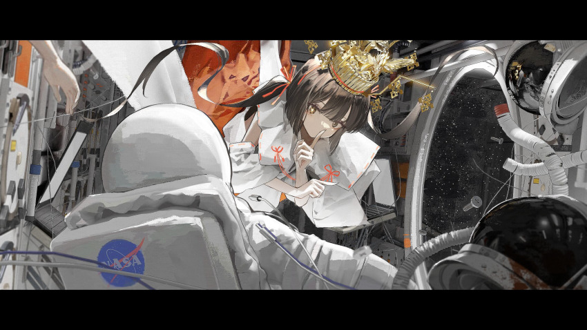 1girl 1other ambiguous_gender astronaut backpack bag bare_shoulders blood blood_on_clothes blunt_ends bolt_(hardware) bright_pupils brown_eyes brown_hair cable call_of_cthulhu collared_shirt commentary crown detached_sleeves english_commentary eyelashes finger_to_mouth floating floating_hair from_behind gold_crown hair_ribbon hakama helmet highres horror_(theme) indoors japanese_clothes letterboxed lewenxijian logo long_hair long_sleeves machinery mismatched_pupils monster nasa_logo nontraditional_miko original red_hakama red_ribbon ribbon ribbon-trimmed_collar ribbon-trimmed_sleeves ribbon_trim shirt shushing space space_helmet spacecraft_interior spacesuit star-shaped_pupils star_(symbol) symbol-shaped_pupils twintails very_long_hair white_bag white_pupils white_shirt white_sleeves wide_sleeves