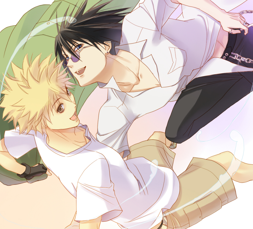 amano_ginji black_hair blonde_hair blue_eyes brown_eyes getbackers glasses gloves happy jewelry male_focus midou_ban pants short_hair shorts sunglasses