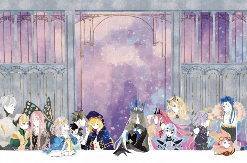 4boys 6+girls absurdres artoria_caster_(fate) artoria_pendragon_(fate) baobhan_sith_(fate) bare_shoulders barghest_(fate) black_hair blonde_hair blue_hair blue_hat bow bowtie butterfly_wings cathedral choker closed_eyes cnoc_na_riabh_(fate) coat crossed_arms crown cu_chulainn_(caster)_(fate) cu_chulainn_(fate) empty_eyes expressionless fate/grand_order fate_(series) fine_art_parody finger_to_mouth fujimaru_ritsuka_(male) fur-trimmed_coat fur_trim gareth_(fate) gloves green_eyes grey_eyes grey_gloves habetrot_(fate) hand_on_own_chin hand_on_table hat highres insect_wings leaning_on_table long_hair long_sleeves looking_at_another looking_at_viewer looking_down looking_to_the_side looking_up mash_kyrielight mash_kyrielight_(demi-servant) masking_tape_(medium) medb_(fate) melusine_(fate) morgan_le_fay_(fate) multiple_boys multiple_girls oberon_(fate) open_collar orange_eyes parody percival_(fate) pink_eyes pink_hair pink_hat purple_hair red_hair short_hair sitting talking the_last_supper veil very_long_hair whispering white_hair wings yellow_eyes yowa_(niboshi)