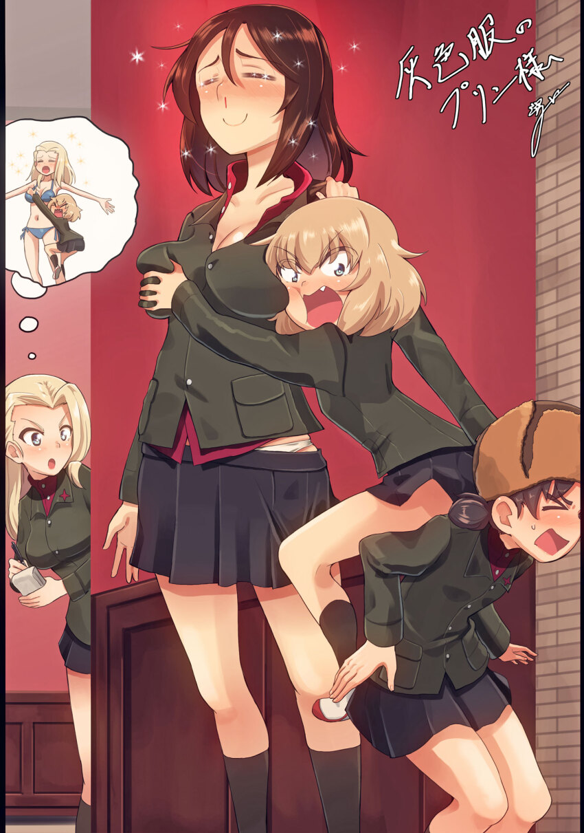 4girls black_hair blonde_hair blood blue_eyes blush breasts clara_(girls_und_panzer) cleavage closed_eyes closed_mouth fang girls_und_panzer grabbing_another&#039;s_breast groping hat highres hug indoors jinguu_(4839ms) katyusha_(girls_und_panzer) large_breasts long_hair looking_at_another medium_hair military_uniform miniskirt multiple_girls nina_(girls_und_panzer) nonna_(girls_und_panzer) nosebleed notebook open_mouth panties pravda_military_uniform short_hair sitting sitting_on_person skirt small_breasts smile underwear white_panties yuri