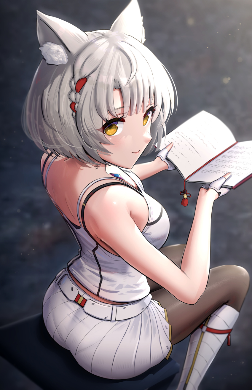 1girl absurdres black_pantyhose book breasts camisole chest_jewel diary gonzarez highres holding holding_book jacket leggings mio_(xenoblade) pantyhose shoulder_strap small_breasts solo tank_top white_camisole white_jacket white_tank_top