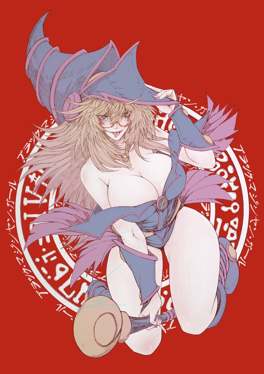 1girl bare_shoulders blonde_hair blue_boots blue_hat blue_leotard boots bracer breasts broom broom_riding cleavage covered_navel dark_magician_girl eyelashes glasses green_eyes hair_between_eyes hand_on_headwear hat highleg highleg_leotard highres holding holding_wand jun_wu_mo large_breasts leotard long_hair looking_at_viewer multicolored_leotard narrow_waist open_mouth red-framed_eyewear revealing_clothes showgirl_skirt simple_background skirt solo strapless thick_thighs thighs tongue tongue_out wand wide_hips witch_hat yu-gi-oh!
