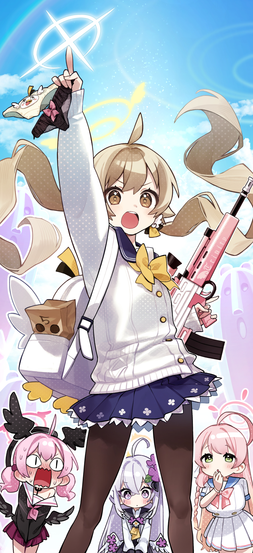 &lt;|&gt;_&lt;|&gt; 4girls absurdres ahoge angel_wings arm_up assault_rifle azusa_(blue_archive) backpack bag black_panties black_pantyhose black_serafuku black_skirt black_wings blue_archive blue_sky blurry blush bow bow_panties braid brown_eyes brown_hair bullpup cardigan clothes_theft cloud cloudy_sky commentary_request covering_crotch covering_privates cowboy_shot depth_of_field embarrassed feathered_wings feet_out_of_frame female_pervert front-print_panties full-face_blush full_body green_eyes grey_hair gun hair_between_eyes hair_bow hair_ornament hair_ribbon halo hanako_(blue_archive) hat head_wings hifumi_(blue_archive) highres holding holding_gun holding_panties holding_underwear holding_unworn_clothes holding_weapon koharu_(blue_archive) kurihara_sakura l85 left-handed long_hair long_sleeves looking_at_viewer multiple_girls nervous_sweating outdoors panties pantyhose peroro_(blue_archive) pervert pink_hair pink_skirt pleated_skirt pointing pointing_up print_panties purple_eyes ribbon rifle school_hat school_uniform serafuku sidelocks single_braid skirt sky standing surprised sweat theft trigger_discipline twintails underwear underwear_theft unworn_panties v_arms wavy_mouth weapon white_cardigan white_panties white_skirt white_wings wing_hair_ornament wings