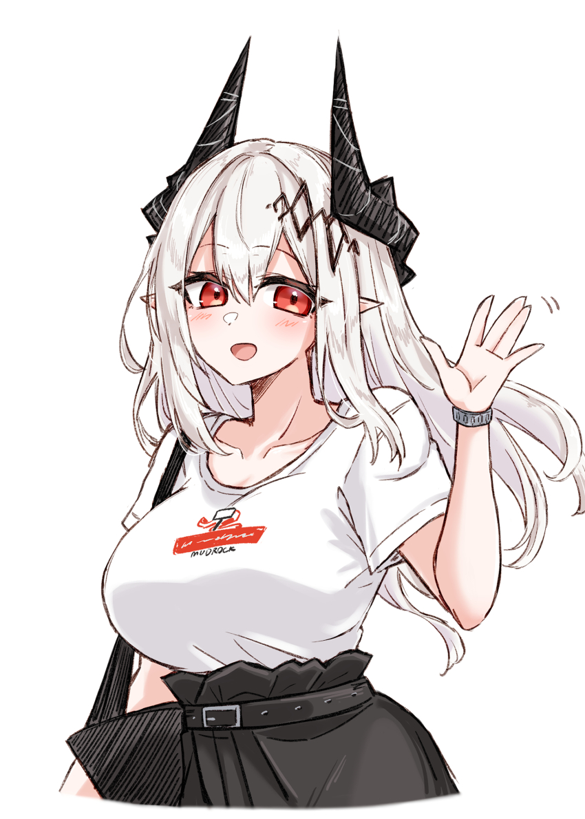 1girl :d absurdres alternate_costume arknights arm_up belt belt_buckle black_belt blush breasts buckle casual character_name cleavage clothes_writing collarbone commentary_request hair_between_eyes highres large_breasts long_hair looking_at_viewer maiq06 motion_lines mudrock_(arknights) open_mouth pointy_ears red_eyes shirt short_sleeves simple_background smile solo t-shirt waving white_background white_hair white_shirt
