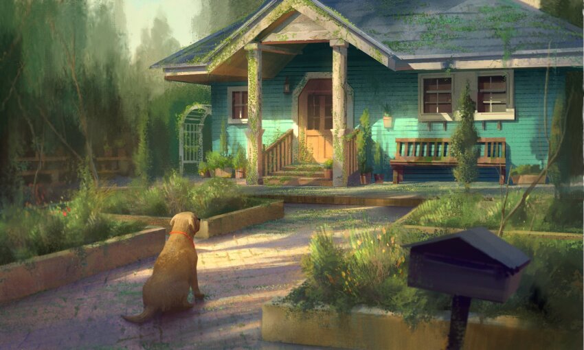 bench commentary day dog door english_commentary garden highres house mailbox_(incoming_mail) marktal no_humans original outdoors overgrown plant porch sitting stairs vines window