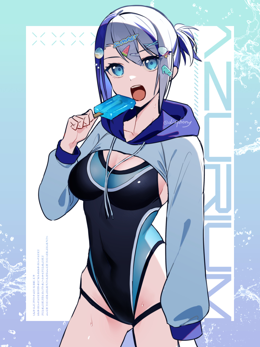 1girl artist_name black_one-piece_swimsuit blue_eyes blue_hair breasts cleavage competition_swimsuit covered_navel cowboy_shot food grey_hair hair_ornament hairclip highleg highres holding holding_food hood hood_down hoodie jacket jacket_over_swimsuit kazune_rain long_sleeves looking_at_viewer medium_breasts multicolored_hair multicolored_swimsuit one-piece_swimsuit open_mouth original ponytail popsicle see-through_clothes see-through_one-piece_swimsuit short_hair short_ponytail shrug_(clothing) signature solo standing streaked_hair swimsuit teeth two-tone_swimsuit upper_teeth_only