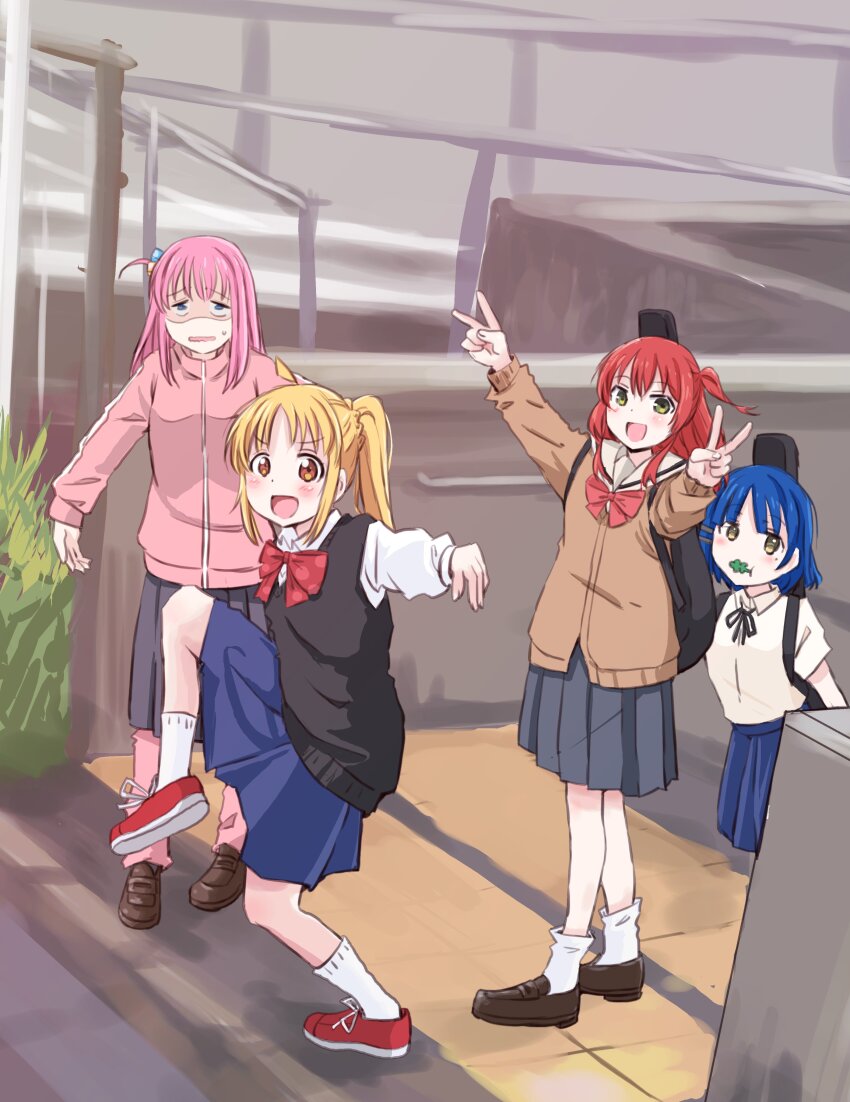 absurdres black_sweater_vest blonde_hair blue_hair blue_skirt bocchi_the_rock! bow bowtie commentary_request double_v fighting_stance gotoh_hitori grey_skirt high_school_girls_posing_for_google_street_view_(meme) highres ijichi_nijika jacket kessoku_band kita_ikuyo long_hair maruyo meme parody pink_hair pink_jacket pleated_skirt red_bow red_bowtie red_hair sailor_collar school_uniform serafuku shaded_face shimokitazawa_high_school_uniform shuka_high_school_uniform skirt sweater_vest v white_sailor_collar yamada_ryo