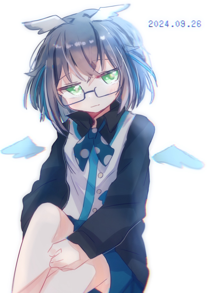 1girl absurdres black-framed_eyewear black_shirt blue_bow blue_bowtie blue_hair blue_skirt blush bow bowtie buttons closed_mouth commentary_request dated detached_wings expressionless feet_out_of_frame glasses green_eyes grey_hair grey_wings head_wings highres long_sleeves looking_at_viewer meganezumi_8686 multicolored_hair nanashi_inc. oura_rukako oura_rukako_(1st_costume) polka_dot_bowtie rectangular_eyewear shirt short_hair simple_background sitting skirt solo streaked_hair vest virtual_youtuber white_background white_hair white_vest wings