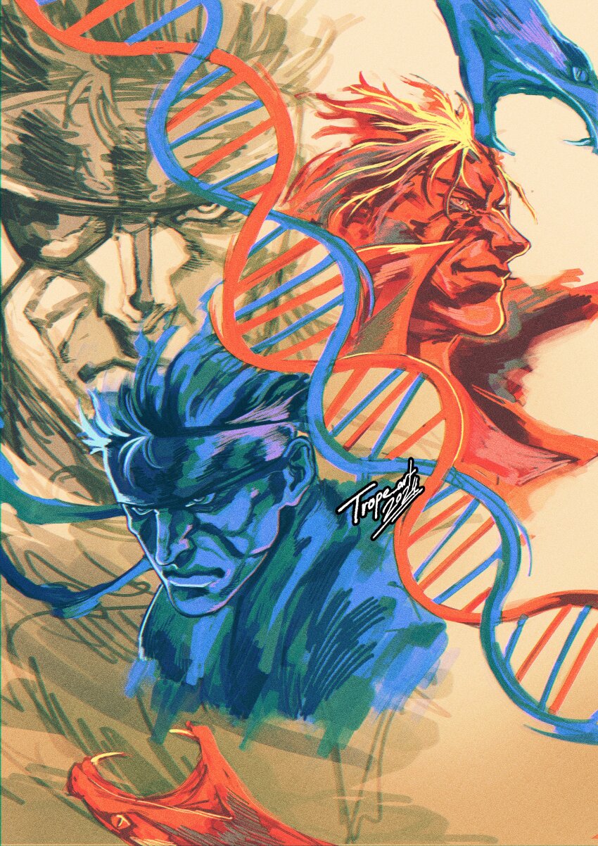 3boys absurdres brothers cheekbones closed_mouth dna double_helix eyelashes eyepatch headband high_collar highres liquid_snake looking_ahead male_focus mature_male metal_gear_(series) metal_gear_solid multiple_boys multiple_monochrome naked_snake siblings snake solid_snake trope_art