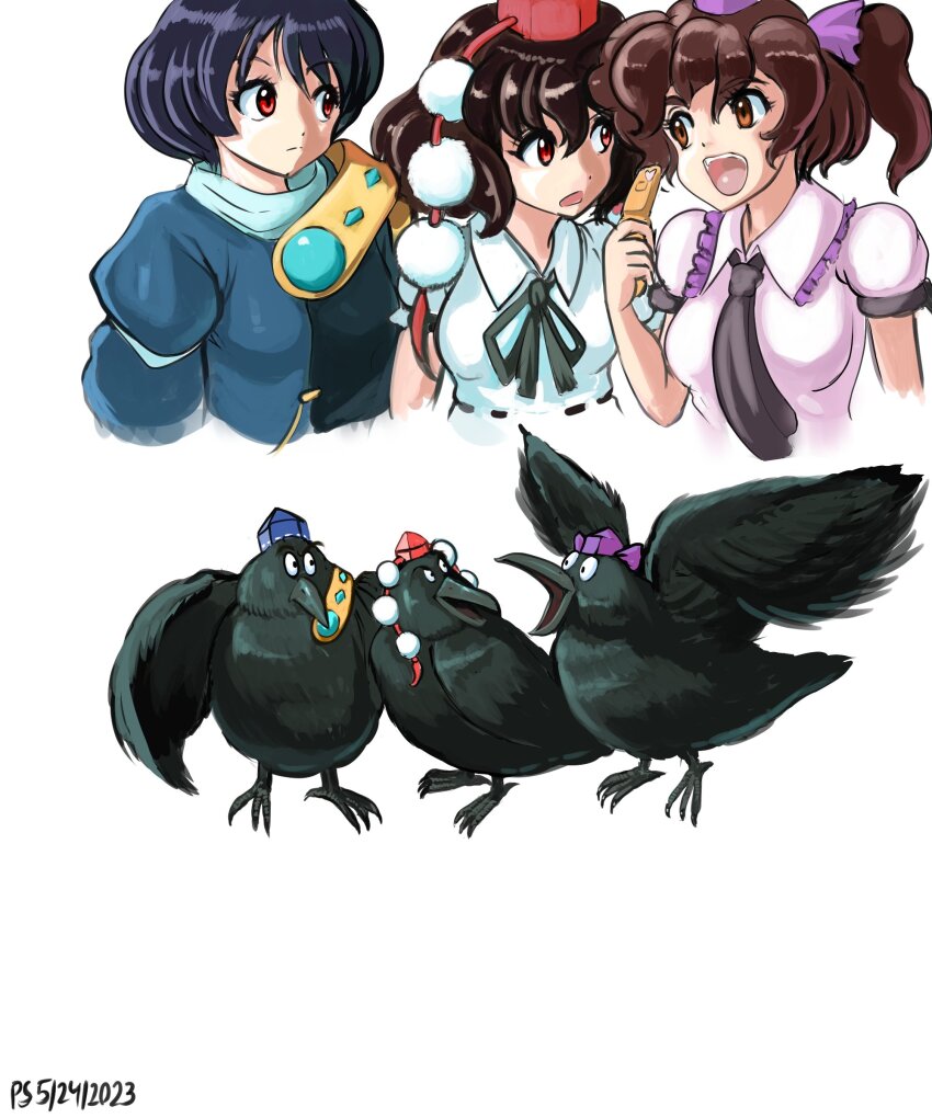 3girls absurdres ascot bird black_ascot black_hair blue_headwear brown_hair cellphone commentary cropped_torso crow dated english_commentary hat highres himekaidou_hatate himekaidou_hatate_(crow) holding holding_phone iizunamaru_megumu iizunamaru_megumu_(bird) iizunamaru_megumu_(crow) multiple_girls phone pom_pom_(clothes) profitshame purple_headwear red_eyes red_headwear shameimaru_aya shameimaru_aya_(crow) short_hair short_sleeves shoulder_guard signature simple_background tokin_hat touhou upper_body white_background