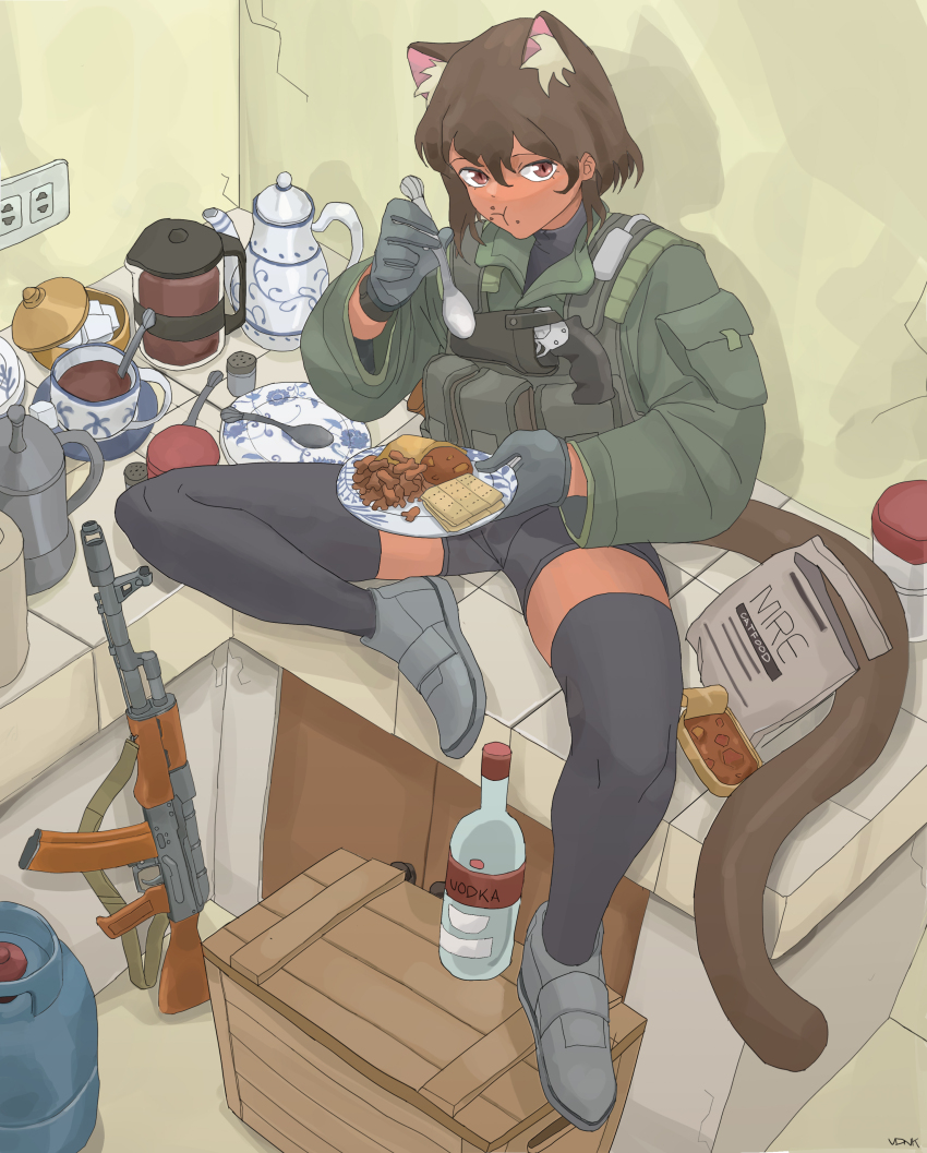 19vodnik 1girl absurdres ak-74 alcohol ammunition_pouch animal_ears assault_rifle biscuit_(bread) brown_hair cat_ears cat_girl cat_tail coffee counter crate eating field_ration gas_tank gloves grey_shoes gun handgun highres kalashnikov_rifle kitchen on_counter orange_eyes original pouch revolver rifle sardine shoes shorts solo spoon stalker_(game) tail tea teapot thighhighs turtleneck vodka weapon