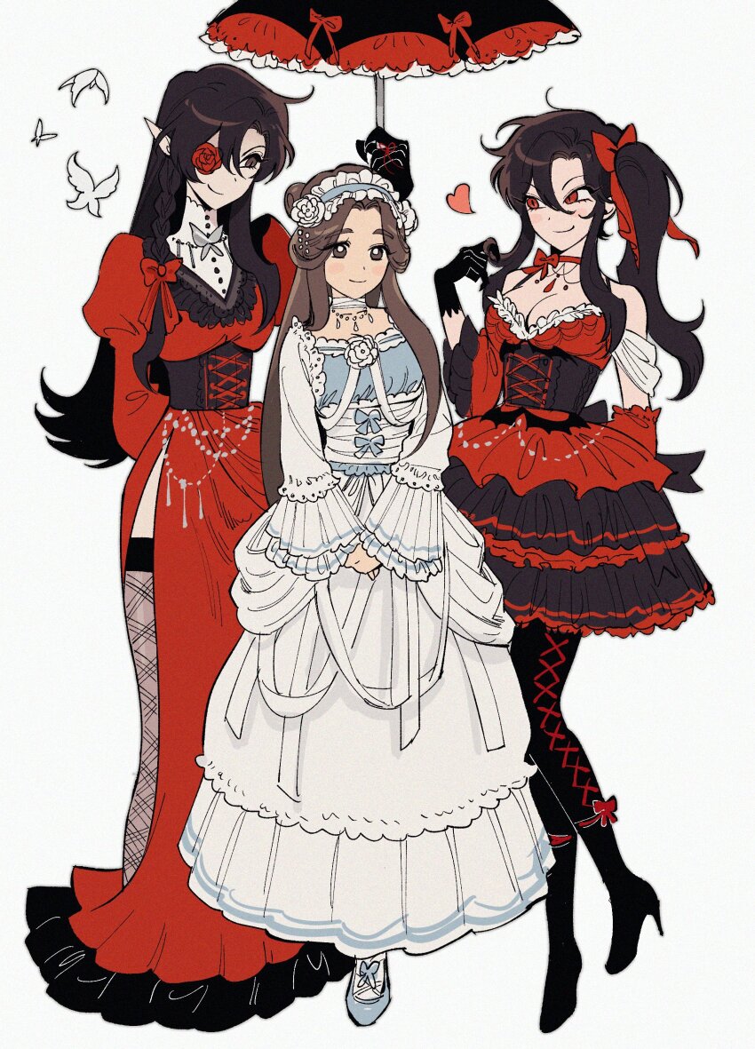 3girls absurdres adapted_costume ankle_boots arm_behind_back bandaged_neck bandages bare_shoulders bead_necklace beads black_corset black_dress black_footwear black_gloves black_hair black_pantyhose blue_dress blue_footwear blue_hairband blush_stickers boots braid breasts bright_pupils brooch brown_eyes brown_hair bug butterfly butterfly_brooch choker cleavage closed_mouth collarbone corset cross-laced_clothes cross-laced_legwear detached_sleeves doily dot_nose double_horizontal_stripe dress dual_persona eyelashes facing_viewer flower flower_over_eye frilled_dress frilled_hairband frilled_sleeves frills full_body gatan666 genderswap genderswap_(mtf) gloves grey_background grey_thighhighs hair_between_eyes hair_bun hair_flower hair_ornament hair_ribbon hairband hand_up heart height_difference high_heel_boots high_heels highres holding holding_umbrella hua_cheng insect jewelry juliet_sleeves large_breasts layered_dress light_smile lolita_fashion long_dress long_eyelashes long_sidelocks long_sleeves looking_afar mary_janes medium_breasts multiple_girls necklace pantyhose parasol pleated_sleeves pointy_ears puffy_sleeves red_choker red_dress red_eyes red_flower red_ribbon red_rose red_sleeves ribbon rose san_lang shoes short_dress side_braid side_ponytail side_slit sidelocks sideways_glance simple_background single_braid single_hair_bun single_horizontal_stripe sleeves_past_wrists slit_pupils smirk spaghetti_strap standing string string_around_finger string_of_fate sweet_lolita swept_bangs tareme thick_eyebrows thighhighs tianguan_cifu tsurime twirling_hair two-tone_dress umbrella underbust v_arms victorian white_butterfly white_dress white_flower white_pupils wide_sleeves xie_lian
