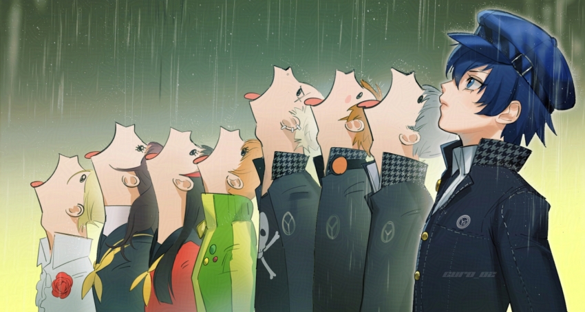 4boys 4girls amagi_yukiko artist_name black_hair blonde_hair blue_eyes blue_hair brown_hair curo_(curo_02) eyelashes facing_up flower goku_and_vegeta_in_the_rain_(meme) green_jacket green_sky grey_hair hair_between_eyes hanamura_yousuke headphones highres jacket kujikawa_rise kuma_(persona_4) long_hair looking_up meme multiple_boys multiple_girls narukami_yu neckerchief open_mouth orange_hair persona persona_4 rain satonaka_chie school_uniform shirogane_naoto short_hair skull_print sky tatsumi_kanji tongue tongue_out yellow_neckerchief