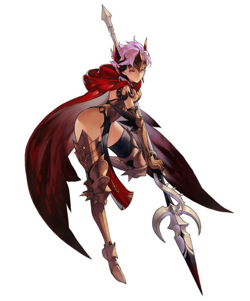 1girl armor ass boots breasts cape character_request copyright_request curvy eileen_(seven_knights) gauntlets hantata highres holding holding_weapon horns medium_breasts pink_eyes pink_hair polearm red_cape serious short_hair spear the_king_of_fighters_all-stars transparent_background weapon