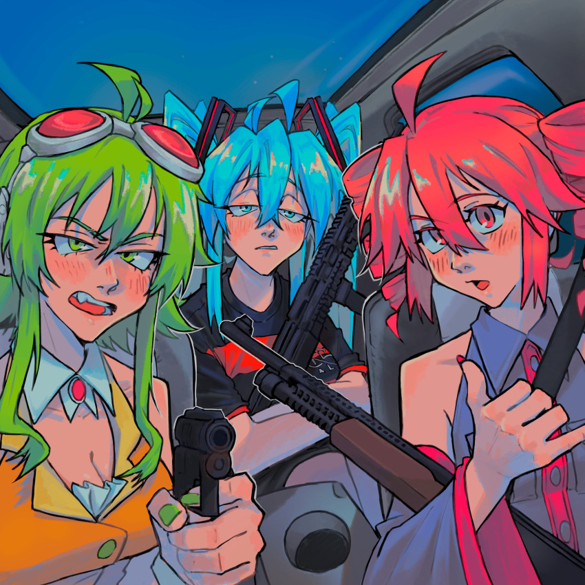 3girls absurdres ahoge aiming aiming_at_viewer annoyed aqua_eyes aqua_hair arms_under_breasts bare_arms bare_shoulders black_shirt blush breast_pocket breasts brooch buttons car car_interior car_seat cleavage collar collarbone collared_shirt cr_flamengo crossed_arms crossed_bangs cup_holder detached_sleeves double-parted_bangs drill_hair eyelashes fangs finger_on_trigger fingernails goggles goggles_on_head green_eyes green_hair green_nails grey_shirt gumi gun hair_between_eyes hair_over_one_eye hand_up handgun hatsune_miku headphones highres holding holding_gun holding_weapon jewelry kasane_teto large_breasts long_hair long_sleeves looking_at_viewer motor_vehicle multiple_girls nail_polish nose nose_blush on_car open_mouth orange_shirt pocket red_brooch red_eyes red_hair red_nails red_shirt red_trim rifle sainttufa seatbelt shaka_sign shirt short_hair short_sleeves sidelocks sitting sleeveless sleeveless_shirt small_breasts soccer_uniform sportswear striped_clothes striped_shirt sunroof t-shirt teeth tongue twin_drills twintails two-tone_shirt upper_body utau vocaloid weapon wing_collar