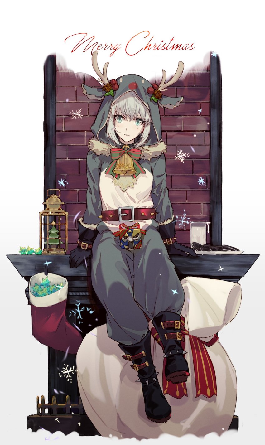 1girl add_(fate) animal_costume bell belt birdcage black_gloves blush boots bow buckle cage christmas christmas_tree collar commentary cookie creature csyday english_commentary english_text fate/grand_order fate_(series) fireplace food fur_trim gloves gray_(fate) green_bow green_eyes grey_hair hair_between_eyes highres hood hood_up hooded looking_at_viewer lord_el-melloi_ii_case_files merry_christmas milk multicolored_bow neck_bell red_bow reindeer_costume saint_quartz_(fate) short_hair sitting smile socks