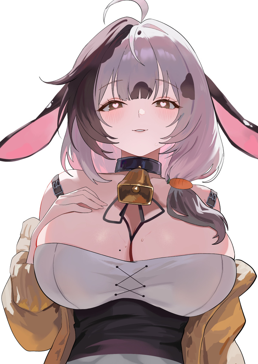 1girl absurdres ahoge animal_ears arm_up bare_shoulders bell black_choker black_hair blush breasts brown_eyes carrot_hair_ornament choker cleavage commentary cow_ears cow_girl food-themed_hair_ornament hair_ornament hair_over_shoulder heart heart-shaped_pupils highres huge_breasts indie_virtual_youtuber jacket looking_at_viewer multicolored_hair nbee_ya neck_bell off_shoulder open_clothes open_jacket parted_lips pink_pupils sidelocks simple_background solo symbol-shaped_pupils two-tone_hair upper_body virtual_youtuber white_background white_hair yellow_jacket