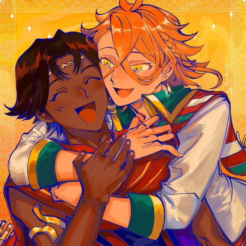 2boys absurdres dark-skinned_male dark_skin earrings fire_emblem fire_emblem_engage fogado_(fire_emblem) highres hug jewelry male_focus mochako_(motyako_1005) multiple_boys nintendo orange_hair pandreo_(fire_emblem) upper_body yellow_eyes