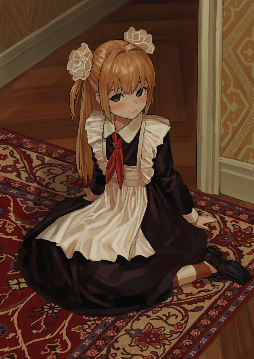 1girl absurdres an_yb apron black_dress black_eyes black_shoes blonde_hair collared_dress dress flat_chest flesh_blood_&amp;_concrete flower full_body hair_between_eyes hair_flower hair_ornament highres indoors loafers long_dress long_hair long_sleeves looking_at_viewer maid_apron necktie nika_(flesh_blood_&amp;_concrete) pantyhose red_necktie rose rug shoes sitting solo striped_clothes striped_pantyhose two_side_up white_apron white_flower white_rose wooden_floor