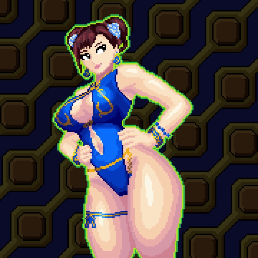 1girl alternate_costume blue_nails blue_one-piece_swimsuit bracelet breasts capcom chun-li curvy double_bun earrings flower gluteal_fold hair_bun hair_flower hair_ornament hair_rings hands_on_own_hips highleg highleg_one-piece_swimsuit highres jellybox jewelry large_breasts logo looking_at_viewer navel official_alternate_costume official_alternate_hairstyle one-piece_swimsuit pixel_art simple_background smile solo street_fighter street_fighter_6 swimsuit thighlet wide_hips