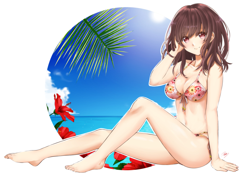 1girl arm_support arm_up artist_name barefoot bikini blue_sky blush breasts brown_hair cleavage cloud collarbone day feet female_focus floral_print flower front-tie_bikini_top front-tie_top hair_between_eyes hand_in_own_hair hibiscus highres knee_up light_smile long_hair looking_at_viewer mar0maru medium_breasts multi-strapped_bikini navel ocean original outline outside_border palm_leaf print_bikini red_eyes shiny_skin side-tie_bikini_bottom sidelocks signature sitting sky solo string_bikini sun swimsuit white_outline