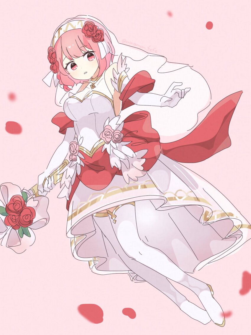 1girl absurdres bouquet bridal_gauntlets bridal_veil bride dress fire_emblem fire_emblem_engage fire_emblem_heroes flower gold_trim hairband highres holding holding_bouquet lapis_(fire_emblem) lapis_(mighty_bride)_(fire_emblem) nintendo official_alternate_costume red_flower red_rose rose sorane_amus two-tone_hairband veil wedding_dress white_bridal_gauntlets white_hairband yellow_hairband