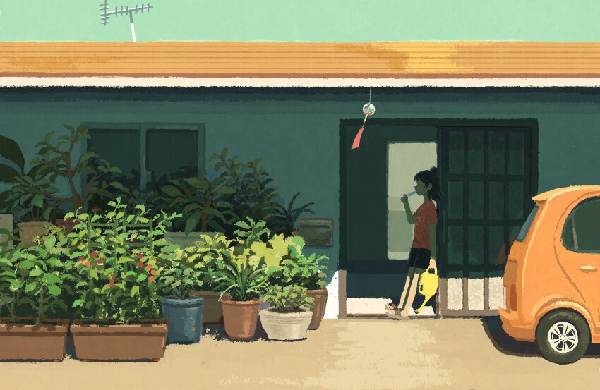 1girl absurdres against_door arm_at_side black_hair black_sandals brown_sandals car closed_eyes coma_(ina_co_ma) doorway eating food from_side hand_up highres holding holding_watering_can house leaning medium_hair motor_vehicle no_lineart orange_car original plant popsicle potted_plant print_shirt red_shirt rooftop sandals shade shirt short_sleeves sky solo sunlight text_print watering_can wide_shot wind_chime yagi_antenna