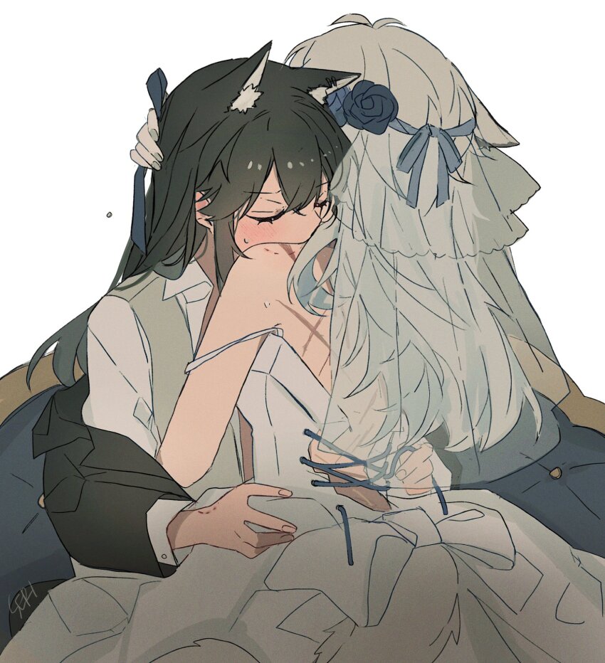 2girls animal_ear_fluff animal_ears arknights bite_mark bite_mark_on_hand bite_mark_on_shoulder black_hair black_jacket blush bridal_veil collared_shirt couch dress female_focus grey_hair grey_nails grey_vest hand_on_another&#039;s_head hand_on_another&#039;s_waist highres jacket lappland_(arknights) long_hair multiple_girls on_couch scar scar_on_back seri_(vyrlw) shirt simple_background strap_slip texas_(arknights) undressing_another veil vest wedding_dress white_background white_dress white_shirt wife_and_wife wolf_ears yuri