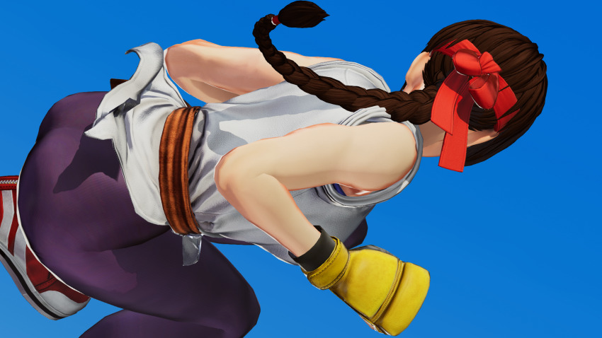 1girl ass bent_over braid braided_ponytail breasts brown_hair clothes_lift curvy dougi female_focus from_behind gloves headband highres huge_ass karate_gi large_breasts leather leggings long_hair pale_skin pants ponytail shoes skirt skirt_lift sneakers spandex the_king_of_fighters thick_thighs thighs yoga_pants yuri_sakazaki