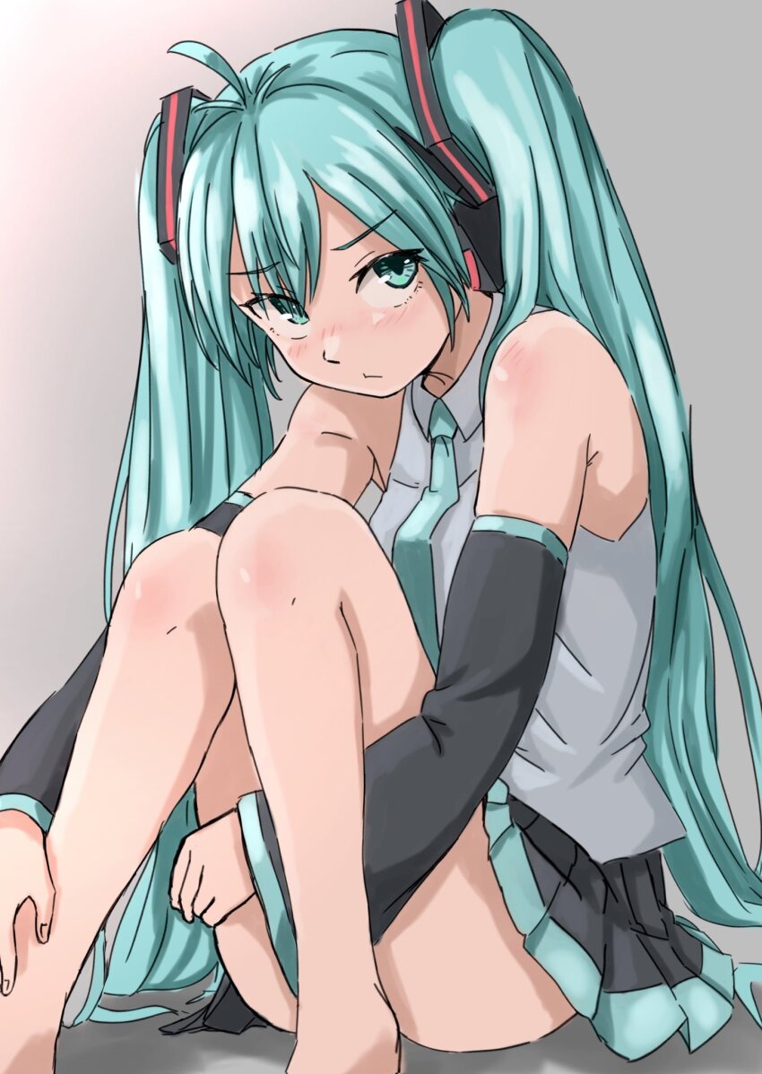 1girl ahoge aqua_eyes aqua_hair aqua_necktie bare_shoulders black_skirt blush commentary convenient_leg detached_sleeves grey_background grey_shirt hakuino_hakase hatsune_miku highres long_hair looking_at_viewer miniskirt necktie pleated_skirt shirt simple_background sitting skirt sleeveless sleeveless_shirt solo twintails very_long_hair vocaloid
