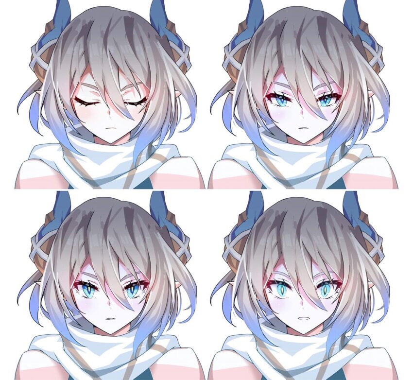 1girl angry bare_shoulders blue_eyes blue_horns dragon_horns multiple_expressions game_cg grand_chase grey_hair highres horns official_art pointy_ears portrait scarf slit_pupils tiamat_(grand_chase) tsurime v-shaped_eyebrows variations white_background white_scarf yeum