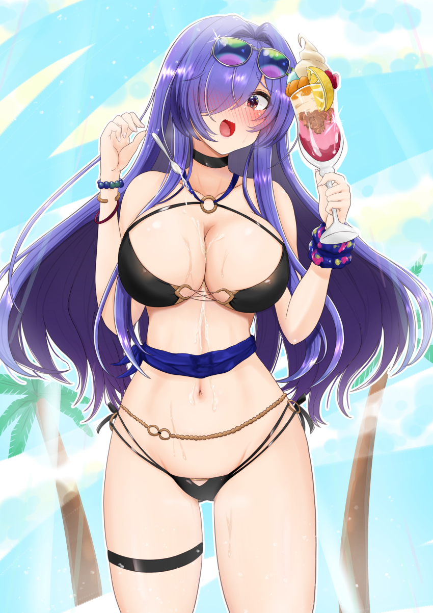 1girl absurdres azur_lane bikini black_choker blush breasts choker eesuke_(shin1athke) eyewear_on_head floating_hair food hair_over_one_eye highres holding holding_food large_breasts multi-strapped_bikini navel o-ring o-ring_bikini official_alternate_costume parfait purple_hair red_eyes solo sunglasses swimsuit thigh_strap trento_(azur_lane) trento_(summer&#039;s_hotness?)_(azur_lane) wet