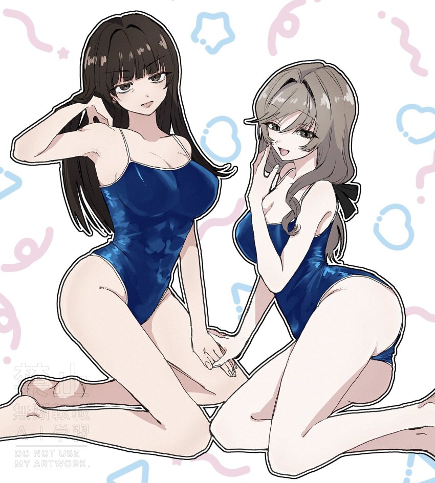 2girls ass blunt_bangs breasts brown_hair cleavage eikfc8 girls_und_panzer hair_intakes highres kneeling large_breasts long_hair mature_female multiple_girls nishizumi_shiho one-piece_swimsuit school_swimsuit shimada_chiyo swimsuit white_background