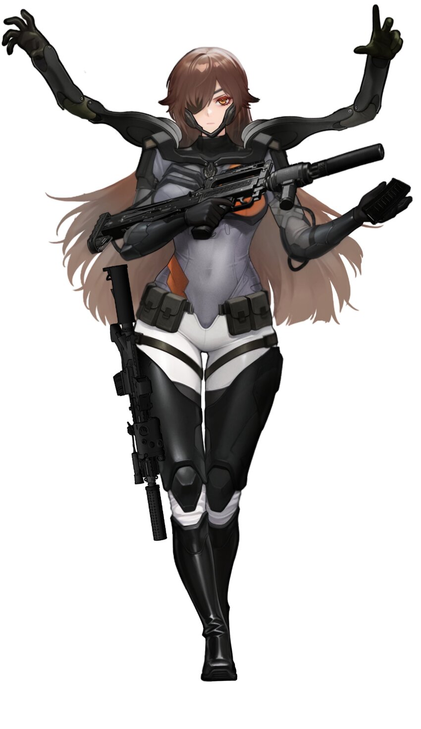 1girl absurdres ar-15 art_undertaker assault_rifle breasts brown_eyes brown_hair bullpup closed_mouth commentary covered_navel english_commentary eyepatch full_body girls&#039;_frontline girls&#039;_frontline_2:_exilium groza_(girls&#039;_frontline_2) gun highres holding holding_gun holding_magazine_(weapon) holding_weapon leg_armor long_hair looking_at_viewer magazine_(weapon) mechanical_arms ots-14_(girls&#039;_frontline) ots-14_groza pouch rifle simple_background solo spoilers standing suppressor trigger_discipline weapon white_background