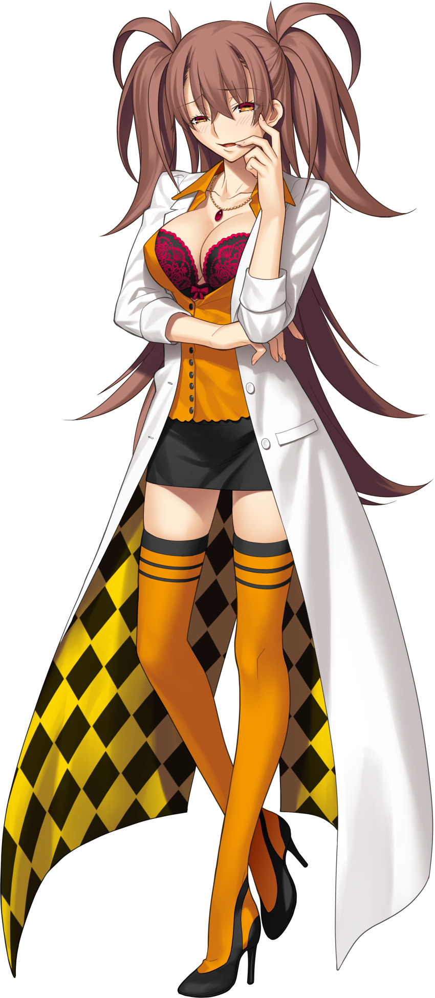 1girl absurdres blush bra breasts brown_hair dr._arach high_heels highres lab_coat lace lace_bra large_breasts long_hair looking_at_viewer naughty_face non-web_source official_art orange_vest takeuchi_takashi tsukihime tsukihime_(remake) underwear vest