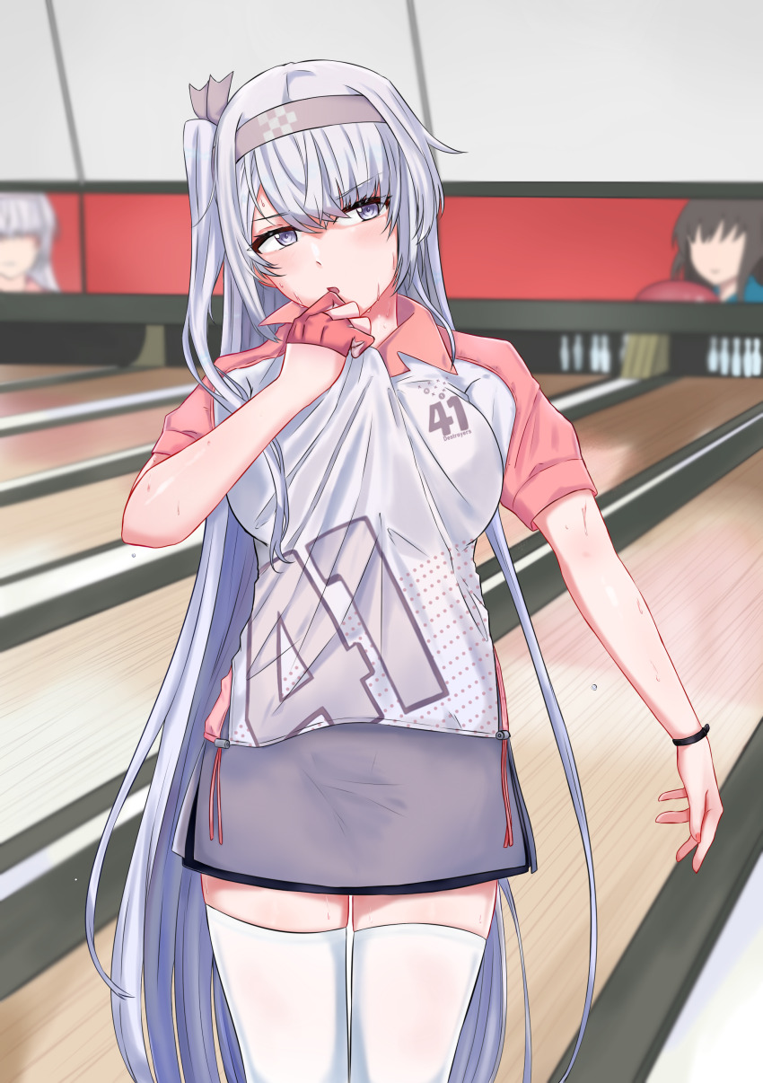 1girl absurdres bowling bowling_alley bowling_glove bowling_pin breasts fubuki_(kancolle) fubuki_(round_one)_(kancolle) fuyutsuki_(kancolle) fuyutsuki_(round_one)_(kancolle) gloves grey_eyes grey_hair grey_hairband grey_skirt hair_between_eyes hairband highres kantai_collection long_hair medium_breasts miniskirt official_alternate_costume one_side_up partially_fingerless_gloves red_gloves rukialice short_sleeves single_glove skirt solo standing thighhighs very_long_hair white_thighhighs