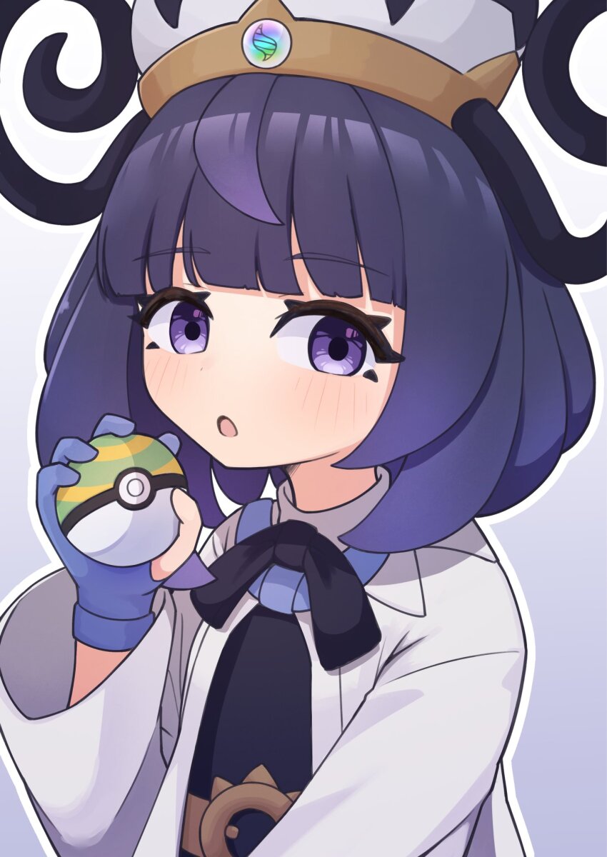 1girl :o black_dress blunt_bangs blush bob_cut coat dress fugakutkt gloves gradient_hair gwynn_(pokemon) highres holding holding_poke_ball long_sleeves looking_at_viewer mega_stone multicolored_hair nest_ball nintendo open_clothes open_coat open_mouth partially_fingerless_gloves poke_ball pokemon pokemon_legends:_z-a purple_eyes purple_hair solo upper_body white_coat