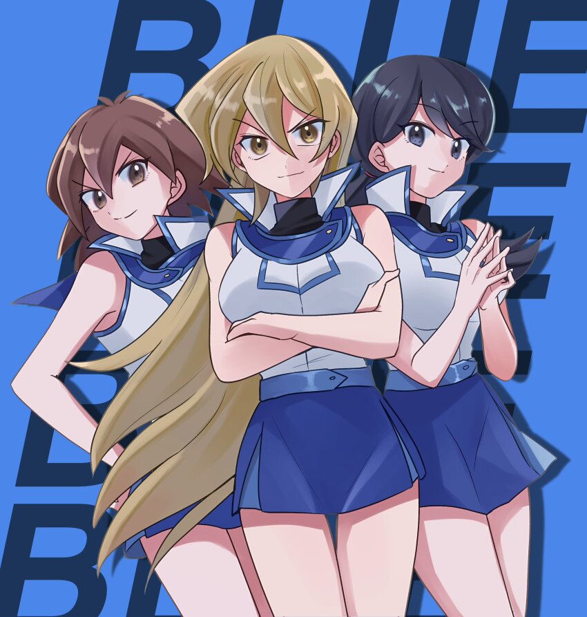 3girls black_eyes black_hair blue_background blue_skirt breasts brown_eyes brown_hair cowboy_shot crossed_arms duel_academy_uniform_(yu-gi-oh!_gx) group_picture hamaguchi_momoe hand_on_own_hip highres large_breasts long_hair makurada_junko medium_hair multiple_girls simple_background skirt ten_(100000_910) tenjouin_asuka vest white_vest yu-gi-oh! yu-gi-oh!_gx