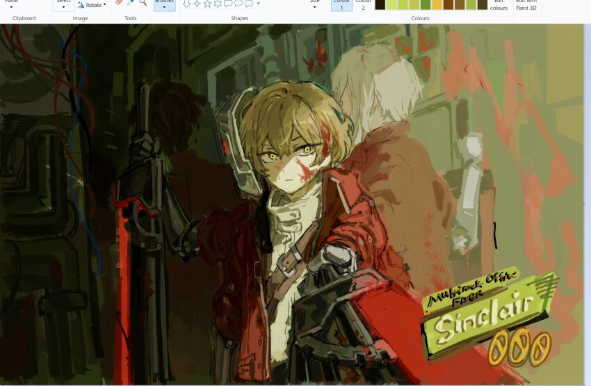 1boy 2girls brown_hair coat extra_arms faust_(project_moon) greatsword heathcliff_(project_moon) highres holding holding_sword holding_weapon kampuzu limbus_company looking_at_viewer mechanical_arms multicrack_office_(identity)_(project_moon) multiple_girls project_moon red_coat sash short_hair sinclair_(project_moon) sweater sword upper_body weapon white_hair white_sweater