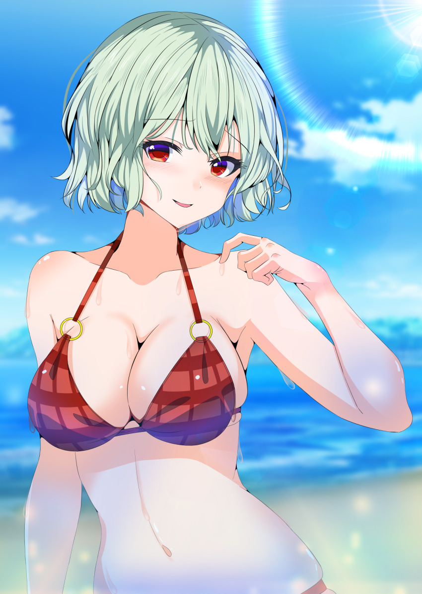 1girl alternate_costume beach bikini blue_sky blush breasts checkered_bikini checkered_clothes cleavage cloud collarbone commentary_request day eyelashes green_hair grid_bikini grid_clothes grid_print hand_up highres kazami_yuuka kitaura_kasumi large_breasts light_rays looking_at_viewer navel o-ring o-ring_top ocean open_mouth outdoors red_bikini red_eyes short_hair skindentation sky smile solo stomach sunbeam sunlight sweat swimsuit touhou upper_body very_sweaty