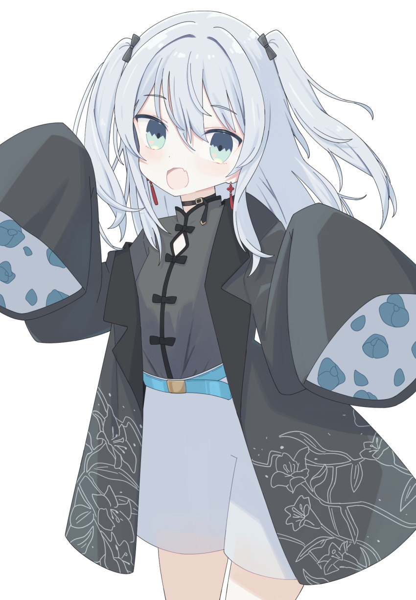 1girl belt black_bow black_choker black_jacket black_shirt blue_belt bow burumanoeat choker earrings fang green_eyes grey_hair grey_shorts hair_bow highres indie_virtual_youtuber jacket jewelry looking_at_viewer nekomugi_tororo open_clothes open_jacket open_mouth shirt shorts simple_background skin_fang sleeves_past_fingers sleeves_past_wrists solo tassel tassel_earrings two_side_up virtual_youtuber white_background